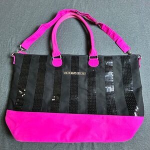 Victoria's Secret Striped Sequin Pink Trim Tote Bag Travel Beach‎ Duffle Y2K